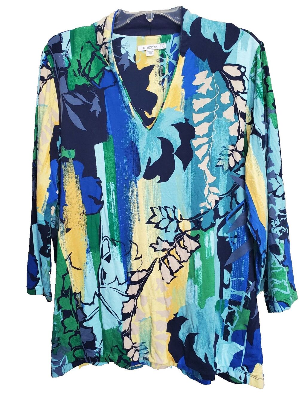 Chico's Multicolor Floral Jersey Knit V-Neck Tunic Lined Front Size 3 (XL)